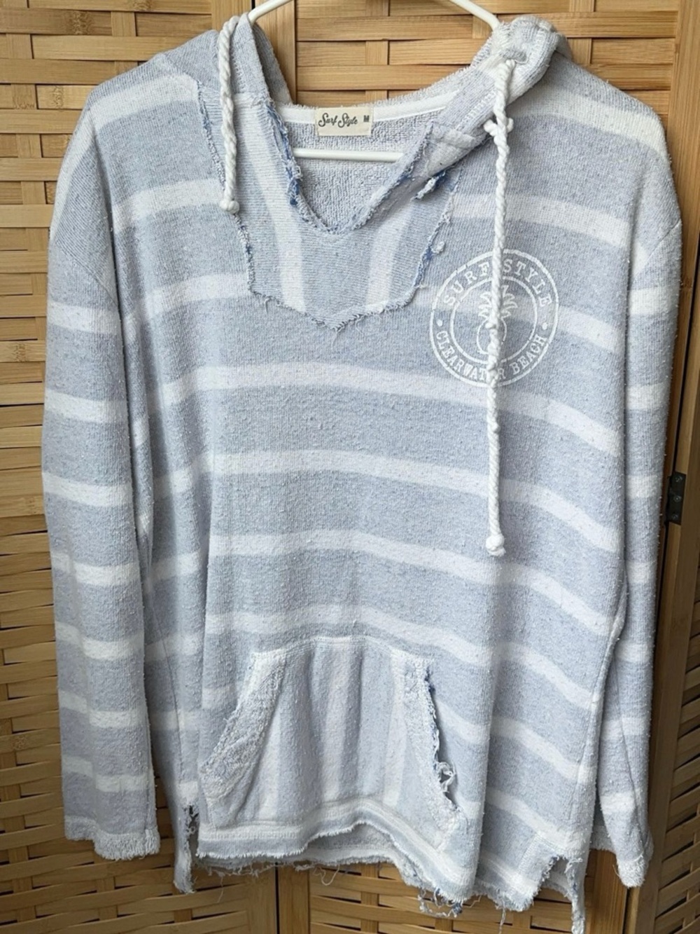 Surf Style Clearwater Beach Coastal Light blue & White Striped Hoodie Sweater